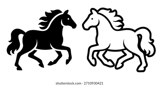 Dos caballos corriendo uno al lado del otro en una ilustración de estilo de línea simple y audaz que representa la velocidad, la libertad y la fuerza.