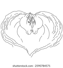 Two horses in the shape of a heart. Vector illustration. horses touching heads