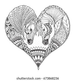 Two horses showing affection in a heart shape. Zentangle and stippled stylized vector illustration. Pattern. Black and white illustration on white background. Adult anti-stress coloring book.