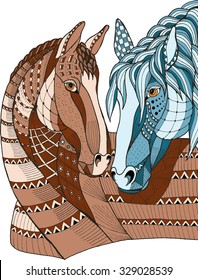 Two horses showing affection, zentangle stylized, vector illustration, freehand pencil, hand drawn, pattern, love.