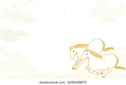 Dois cavalos se aconchegando juntos no tradicional japonês seigaiha padrão fundo, 2026 Ano Novo design de cartão de saudação, Ilustração de vetor