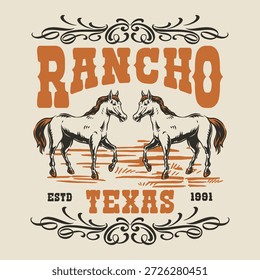 Two horses stand side by side at a ranch in Texas. The rustic setting features a vintage design showcasing the spirit of the American West and cowboy culture.