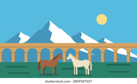 Two horses standing together in a lush green pasture with a classic stone aqueduct and snowy mountains in the background.