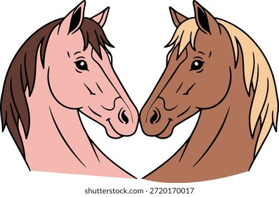 Dos caballos tocando narices en un gesto romántico. Hermosa ilustración de amor ecuestre perfecta para temas de bodas, diseños románticos y marca de asociación.