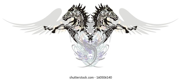 Two horses with wings  in a jump