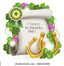 Two horseshoes, gold coins and paper scroll with clover on a white background. St. Patrick's Day symbols.