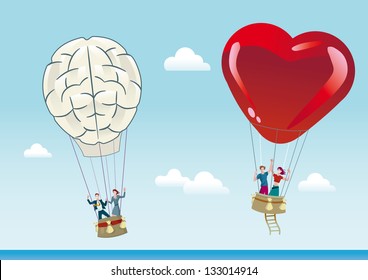 Two hot air balloons flying over a blue sky. One is shaped like a heart represents the emotion and love and the other in the shape of  brain representing the reason.