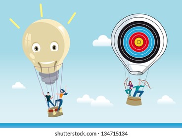 Two hot air balloons flying over a blue sky. One is shaped like a lightbulb represents the creativity and the other in the shape of  a diana representing objectives and projects.