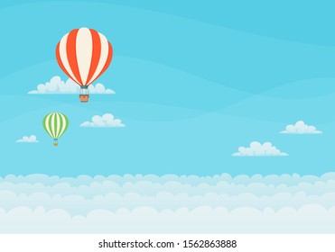 Two hot air balloons flying in the blue sky with clouds in the background. Poster, greeting card design template. Vector.