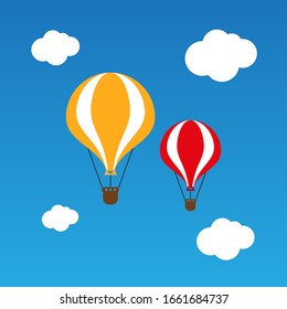 Two hot air balloons flying in blue sky with clouds. vector illustration