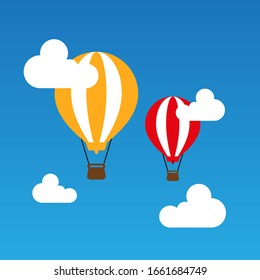 Two hot air balloons flying in blue sky with clouds. vector illustration