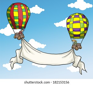 Two Hot air balloons with a huge banner, in the sky, vector illustration 