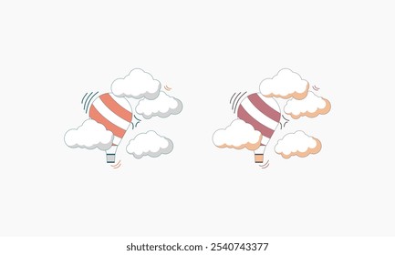 Dos globos aerostáticos, uno rojo y otro rosado, vuelan a través de nubes blancas esponjosas.