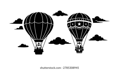 two hot air balloons with passengers and clouds silhouette