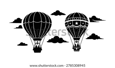 two hot air balloons with passengers and clouds silhouette