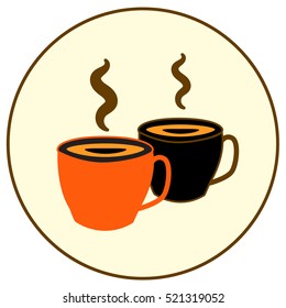 Two hot beverage cups in a round frame, vector illustration