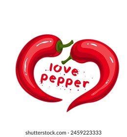 Dos chili picante y Love Pepper texto, etiqueta de dibujos animados de amante de la comida picante. Vainas de pimienta en forma de corazón con divertida fuente roja en el interior, insignia de tipografía de dibujos animados para la Ilustración vectorial de platos picantes