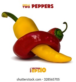 Two hot chili peppers. Red pepper wraps around a yellow pepper. On a white background