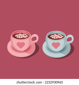 Two hot chocolate cup with marshmallows, blue and pink cups of cocoa with pink heart ornament. Love greeting card vector illustrations, Isolated design elements