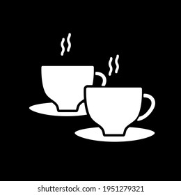 Two hot coffee cups dark mode glyph icon. 2 mugs of tea. Cafe beverages to drink together. Steaming latte. Cappuccino in cups. White silhouette symbol on black space. Vector isolated illustration