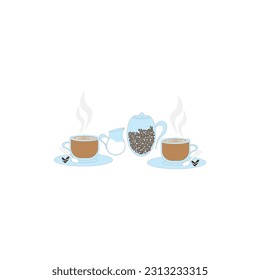 two hot coffee with milk and coffee beans