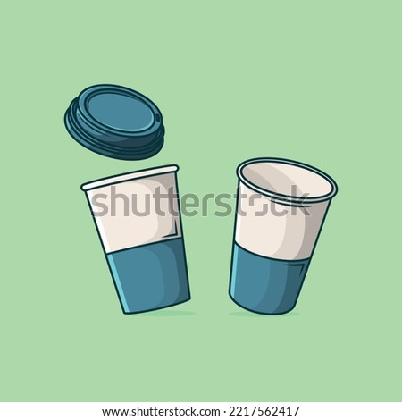 Two hot CoffeeCup With lid Vector Illustration. Happy Breakfast. Coffee Shop. Coffee Mascot Logo. Flat Cartoon Style Suitable for Web Landing Page, Banner, Flyer, Sticker, Wallpaper, Cards, Background