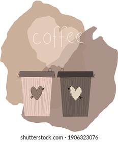 Two hot Cup of coffee. A hot drink. Valentine's Day. Sere+coffee. Vector image. A postcard.