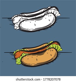 Two Hot Dog Illustration engrav style