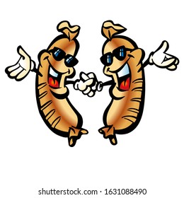 Two hot dogs in black glasses holding hands and dancing