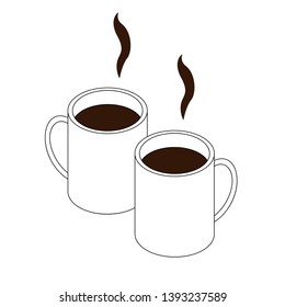 Two hot drinks in cups. Isometry and lines. Logo for a cafe. White background