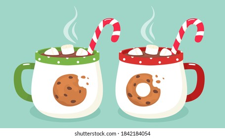 Two hot mugs with hot chocolate, sweets and marshmallows. Vector illustration.