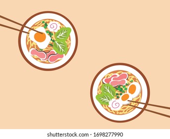 Two hot ramen noodle soup bowls food vector illustration. Noodle food business concept background