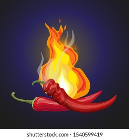 Two hot red chili peppers with burning flames. Vector illustration isolated on dark blue background