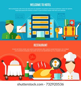 Two hotel banners with invitation to visit hotel and elements of restaurant service flat vector illustration