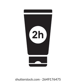 Two hour sunscreen protection icon with 2h label on a tube for indicating the duration of effective sunblock and UV defense vector solid glyph icon