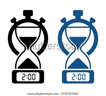 Two hours sand clock. Limited time and hourglass deadline. Vector icon representing passing time. Time running out.