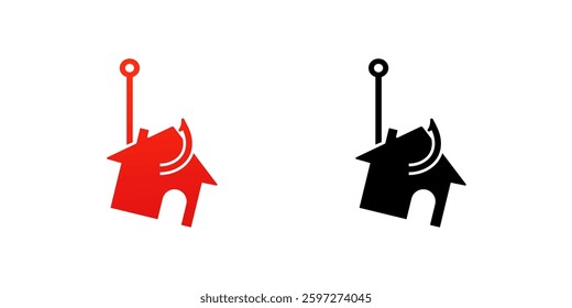 Two house icons with antennas, one red and one black, symbolize connectivity and communication.
