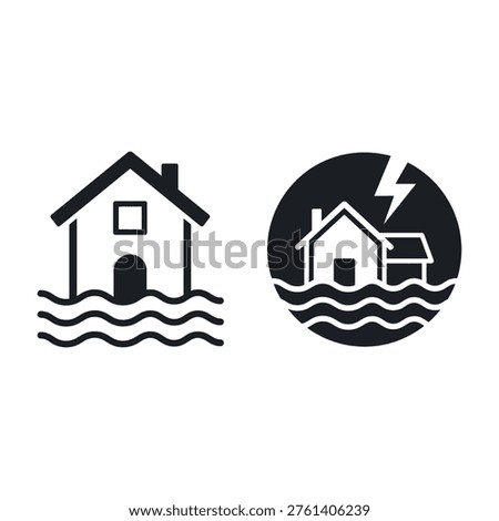Two house icons flooded with water, one with lightning storm, representing natural disaster and water damage
