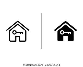 Two house icons with a key symbol inside them one outlined and one filled displayed vertically