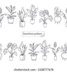Dos plantas domésticas sin fisuras en el borde en forma de contorno aisladas en fondo blanco.Ilustración vectorial de diferentes plantas en forma de boceto de ollas.Fondo sin costura 