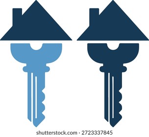 Dos llaves en forma de casa, una en azul claro y otra en azul oscuro, sobre un fondo blanco puro, gráficas de Vector para conceptos inmobiliarios