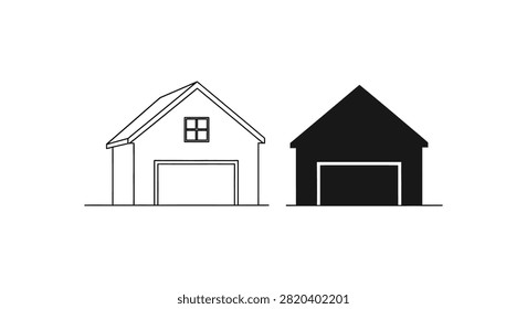 Two house silhouettes with gable roofs and garage doors black and white silhouette