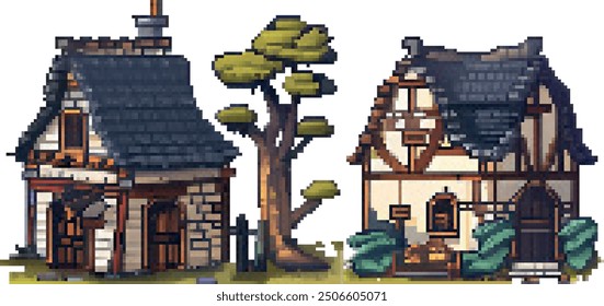 Two House with a Tree in Pixel Art