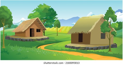 two house in a village with roof made of straws and walls made of clay. green nature mountains 