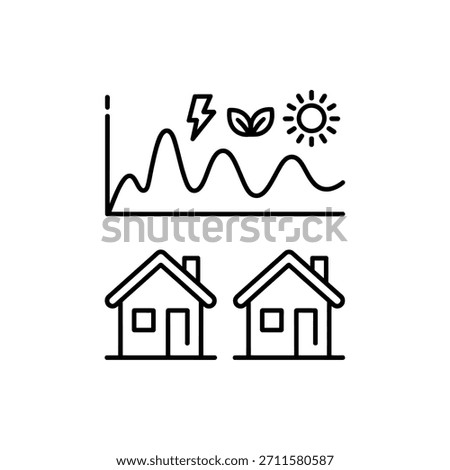 Two houses below a graph showing solar energy and lightning bolt symbols