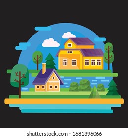 two houses big and small stand on different islands among the water against the blue sky, black background, for games, vector illustration,