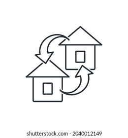 Two houses and exchange arrows. Vector linear icon isolated on white background.
