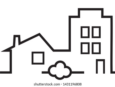 Two houses and greenery, vector illustration, isolated object. Small and hight houses and bush. Isolated object.