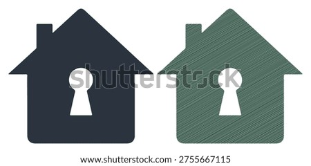 Two houses with keyholes, one solid dark blue and one green striped, symbolizing home security.