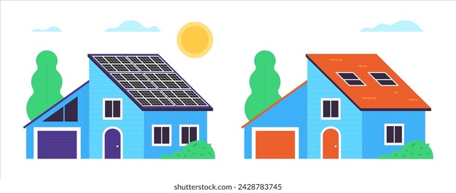 Two houses: a normal one and one with a solar panel. Ecological concept illustration.